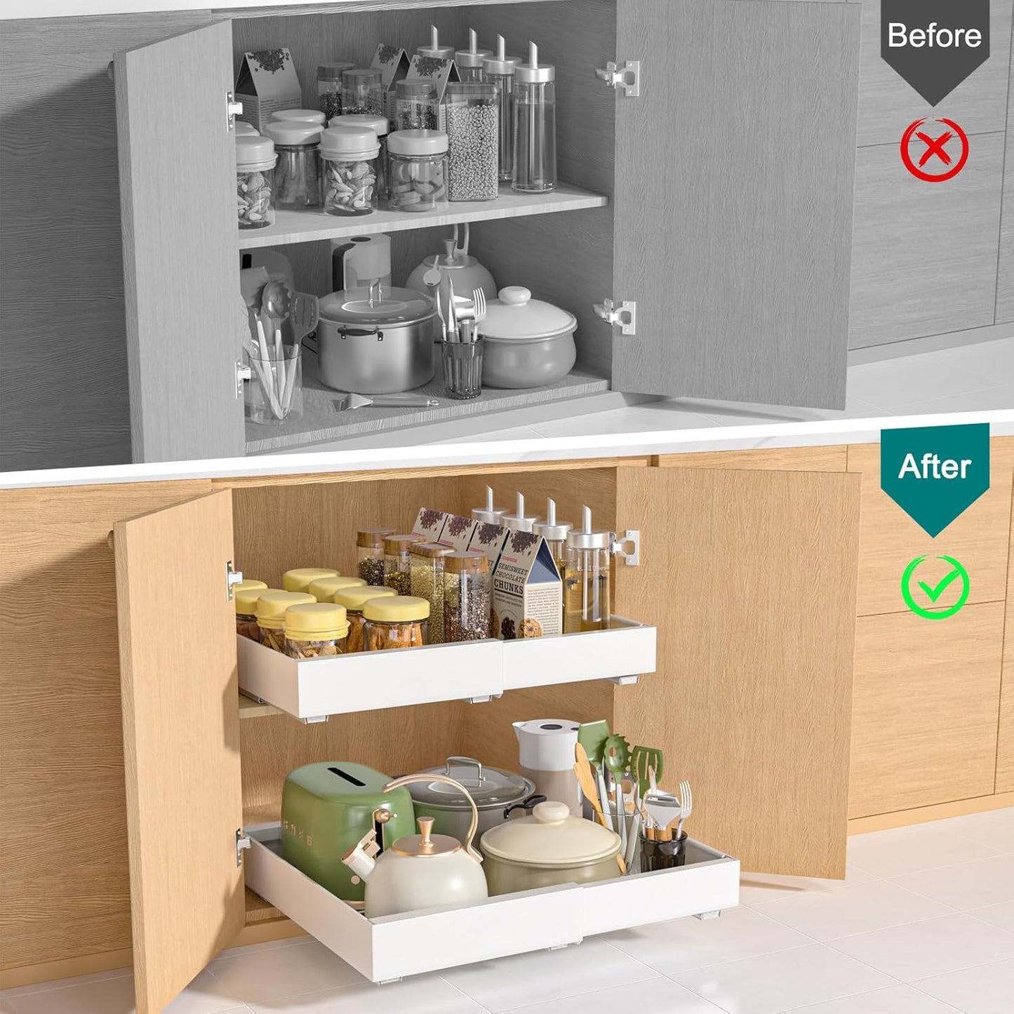 Pull Out Cabinet Organizer Expandable Width(12"-18") and Depth(14"-24") Slide Out Drawers Fixed with Adhesive Nano Film or Nail, Heavy Duty Roll Out Shelf Storage for Kitchen, Bathroom (White)