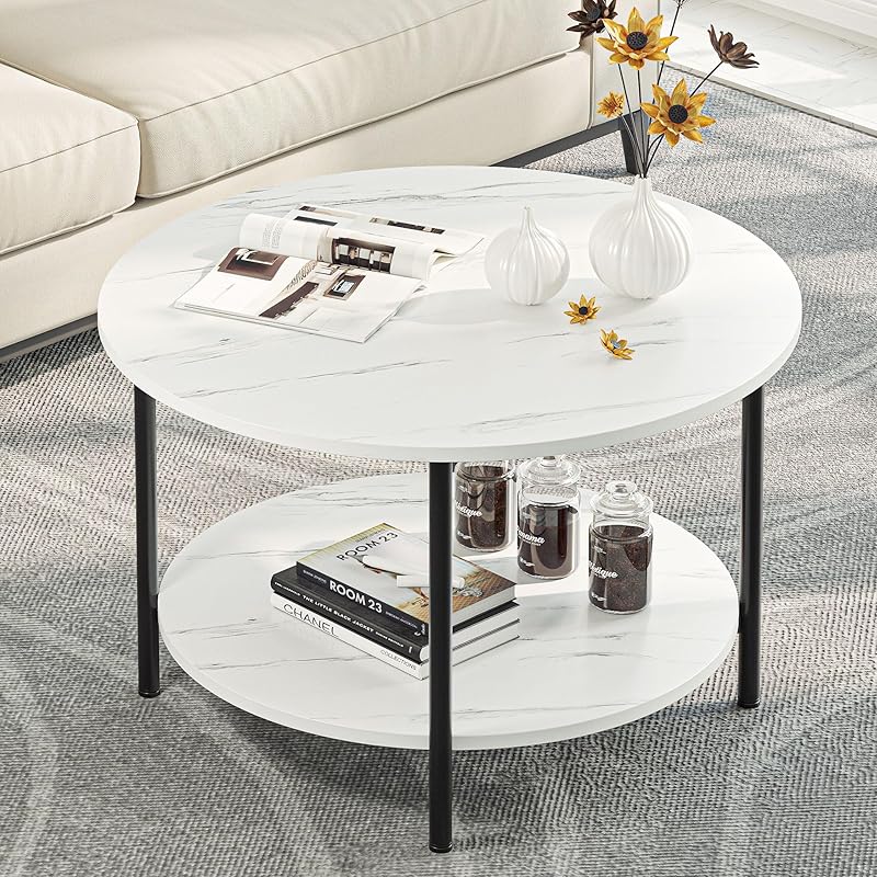 Coffee Table, Living Room Table, 2-Tier, Round Wooden Coffee Table, 80 x 80 x 50 cm, Coffee Table with Storage Space for Couch, Bedroom, Sturdy Metal Frame, Grey