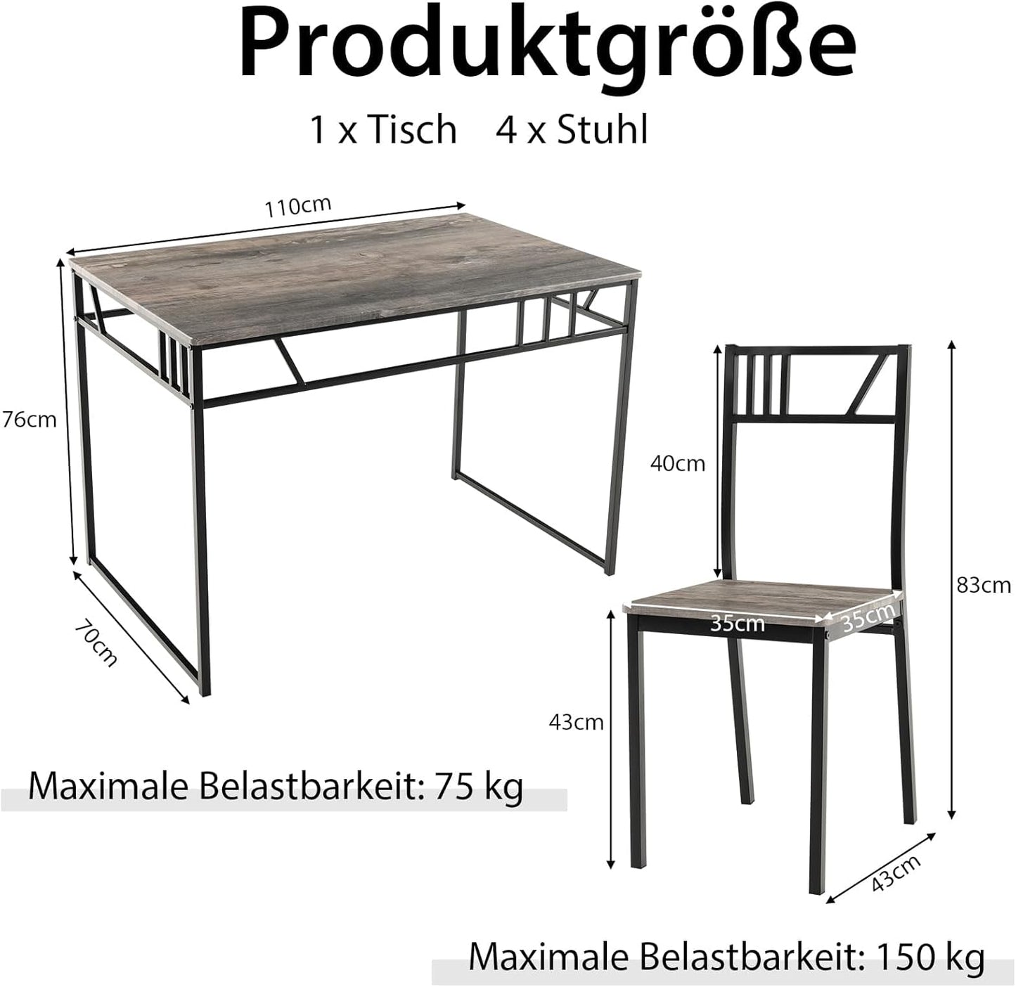 5 Piece Dining Table Set, Kitchen Table with 4 Chairs, Dining Set for 4 People, Rectangular Industrial Style Dining Room Table, Dining Set for Dining Room, Kitchen, Space Saving, Grey