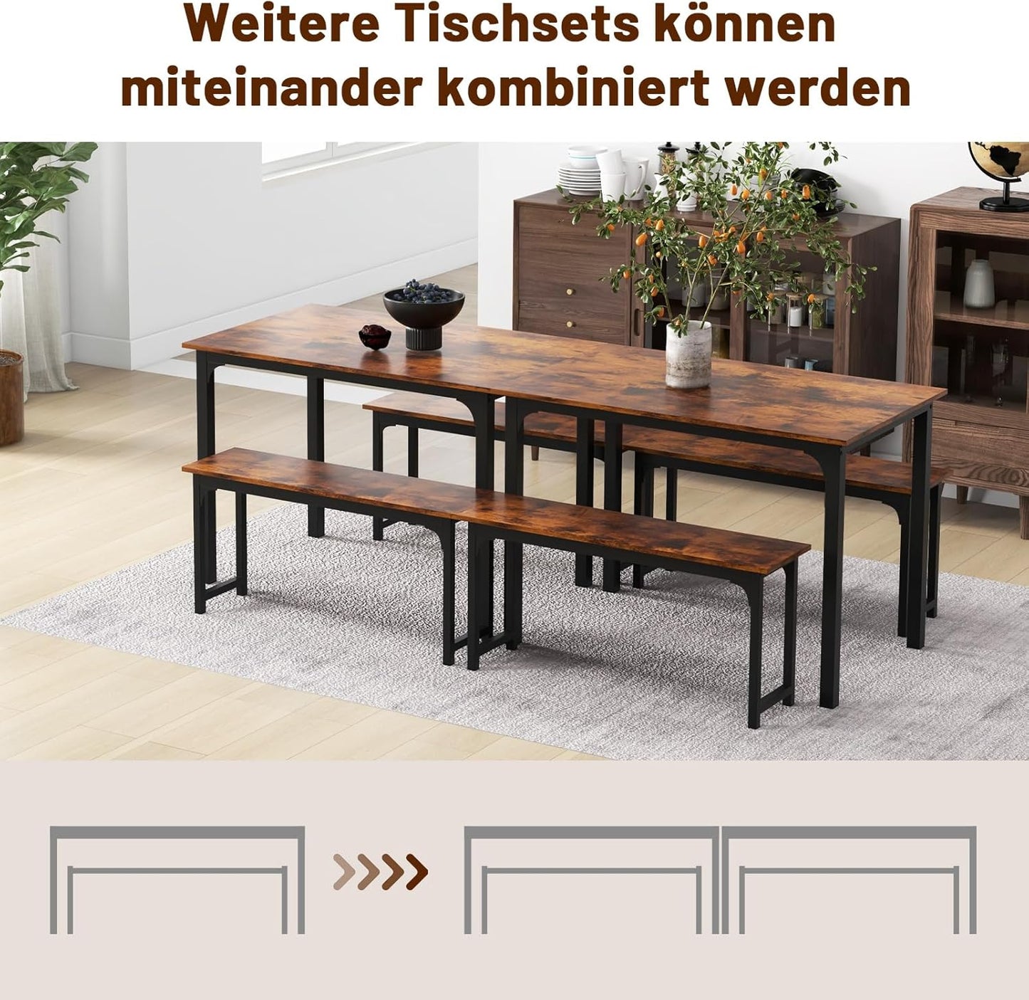 Esstisch mit 2 Bänken, 3-teilige Essgruppe, Küchentischset mit Metallgestell, Esszimmergruppe für 4 Personen, Industriedesign, Bartisch Set für Esszimmer Küche (Rustikales Braun)