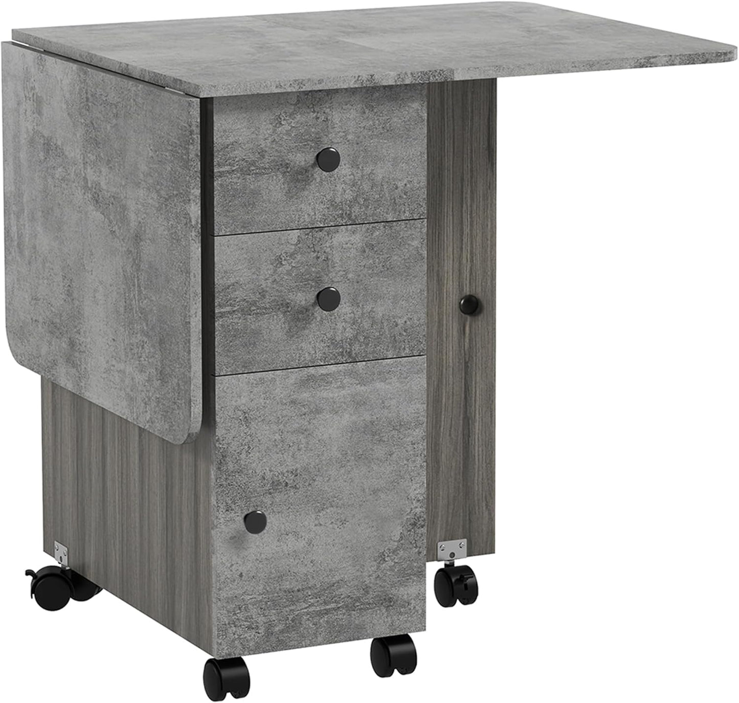 Folding Kitchen Table, Dining Table, 2 Folding Trays with 2 Drawers, 1 Cabinet and 1 Storage Shelf, 120 x 60 x 76.5 cm, Grey