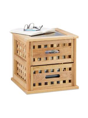 Beistelltisch Walnuss, quadratischer Nachtschrank aus Naturholz mit 2 Schubladen, HBT: 34 x 34 x 34 cm, natur