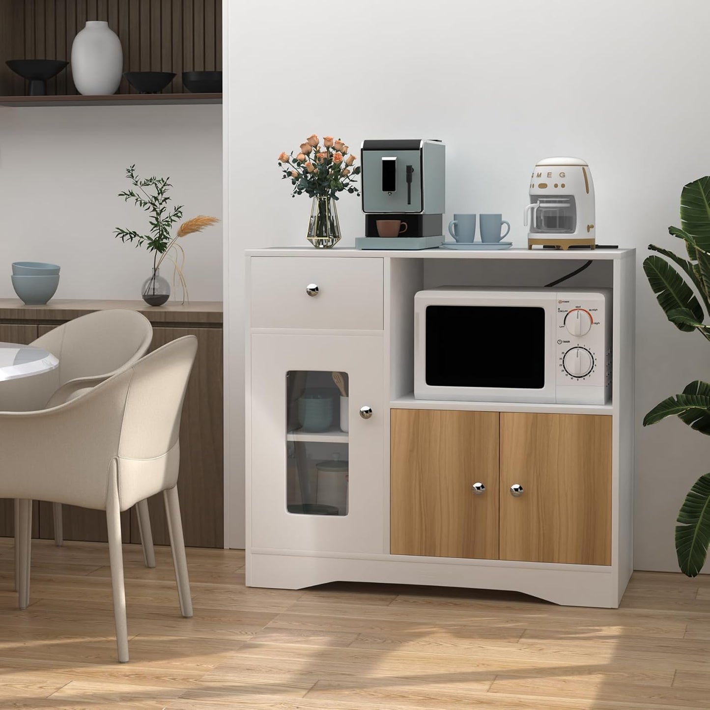 Sideboard Kitchen Cabinet with Socket, White Sideboard with 1 Drawer and 2 Cabinet Doors, Sideboard, Chest of Drawers and Sideboards for Entrance, Living Room, Bedroom, 83 x 40 x 80 cm,