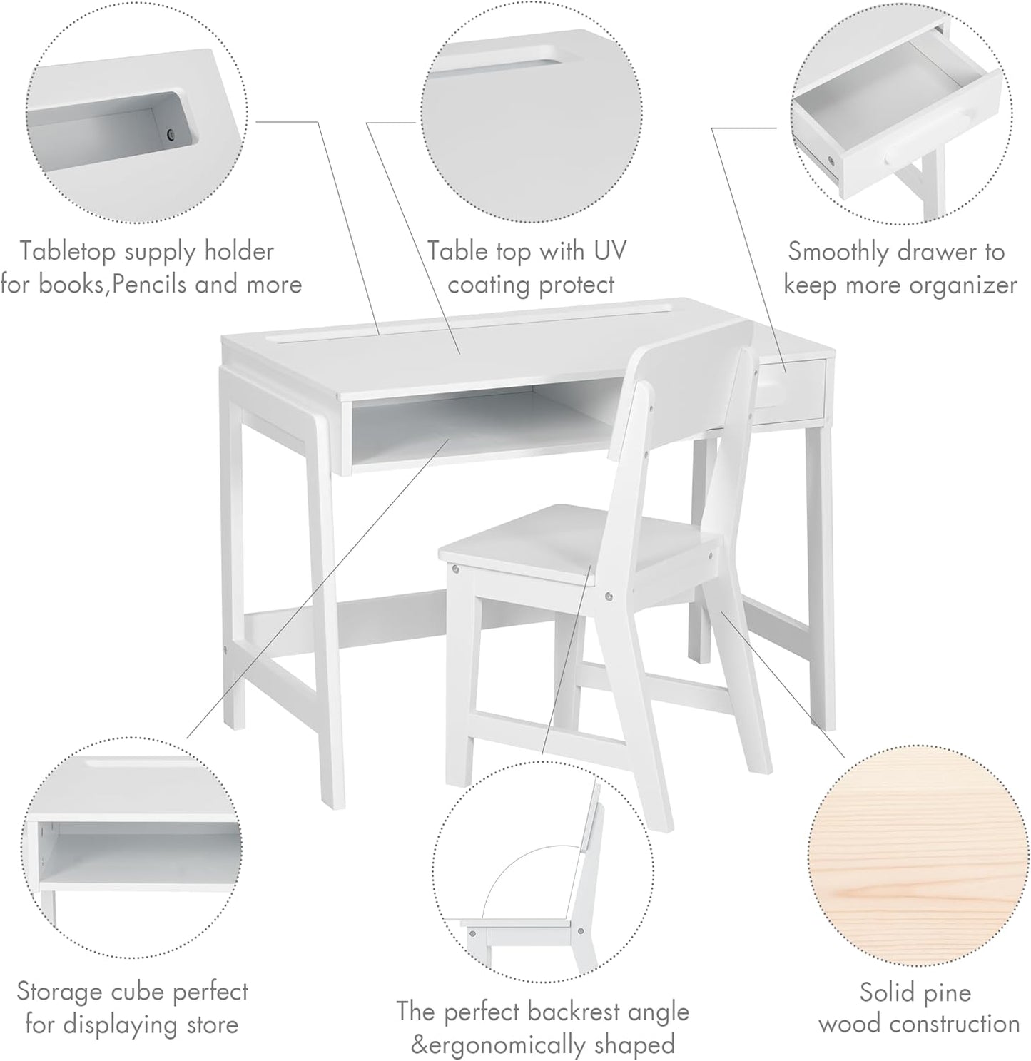 UTEX Kids Desk and Chair Set, Study Desk for Kids with Drawers, Wooden Children Study Table, Student Writing Desk Computer Workstation for Bedroom & Study Room