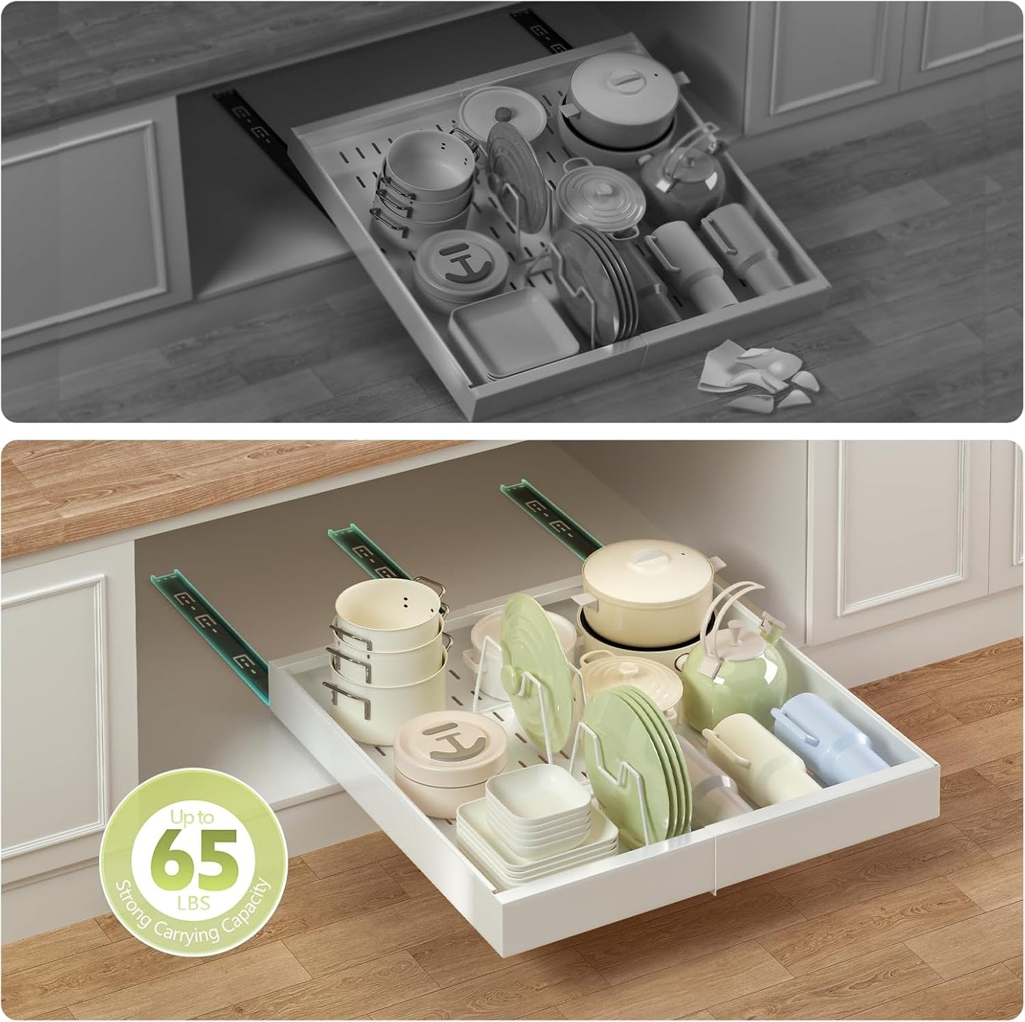 2 Pack Pull out Cabinet Organizer 21"Deep, Expandable Slide out Drawers for Kitchen Cabinets with 4pcs Divider Racks, Peel and Stick Pull out Drawers, Cabinet Roll out Shelves 12.4"-20.5" W (White)