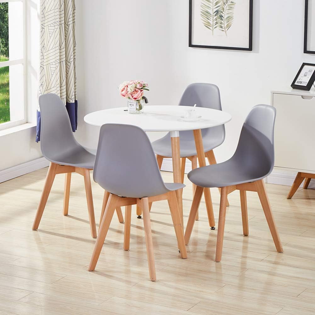 Round Dining Table Modern High Gloss Kitchen Table with Solid Wood Legs 80cm Small Office Table for Dining Room Living Room Cafe Indoor Furniture White AWS-041-3W