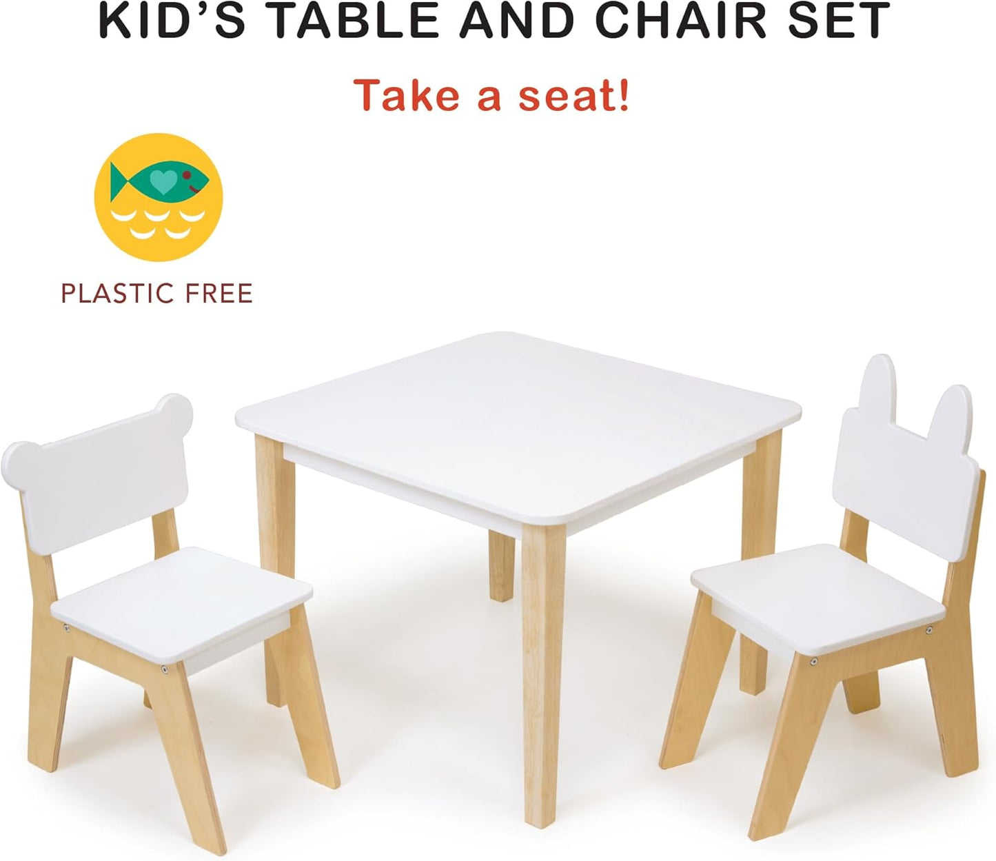 Mentari Toys - Kid’s Table and Chair Set - Wooden Easy Clean Table and 2 Animal Themed Chairs - Children’s Playroom, Classroom Furniture - Sturdy Set for Play and Learning - Age 3+