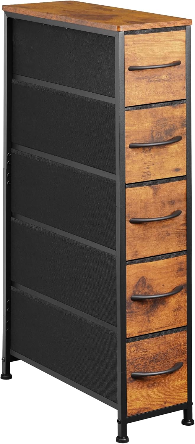 Narrow Dresser Storage Tower with 5 Drawers, Slim Dresser Chest of Drawers with Steel Frame, Wood Top, Dresser for Bedroom, Bathroom, Small Spaces, Laundry, Closet, Rustic Brown