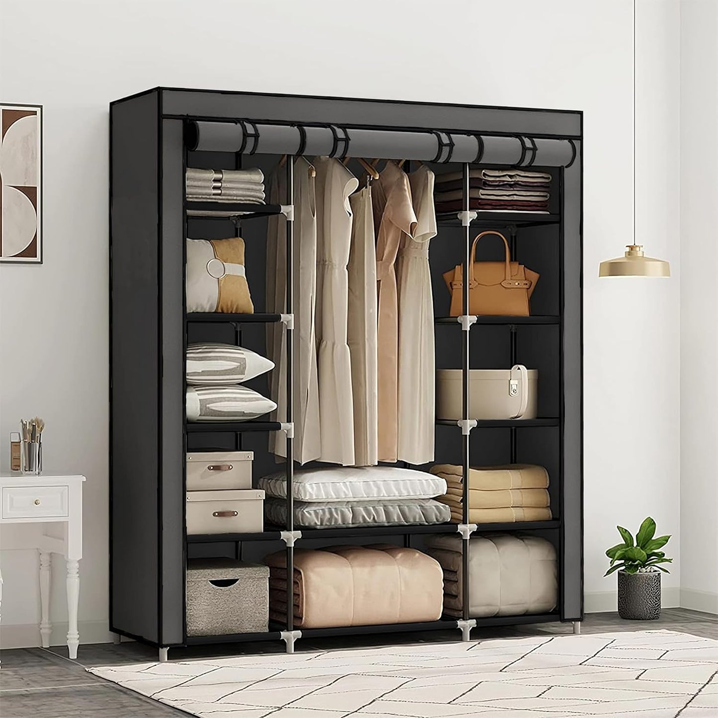 Retoo Kleiderschrank Einfach aus Stoff, Faltschrank, Stoffschrank Kleiderschrank mit Ablagen, Faltbare Textil Garderobe für Schlafzimmer, Ankleidezimmer, Speicherorganisator 148x42x172,5cm