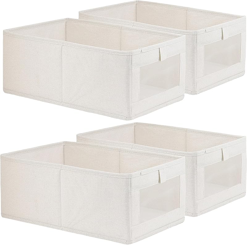 4 Pack Linen Storage Bins, Storage Containers for Organizing Clothing, Jeans, Toys, Books, Shelves, Closet, Wardrobe - Closet Organizers and Storage, Large Storage Boxes Baskets with Window