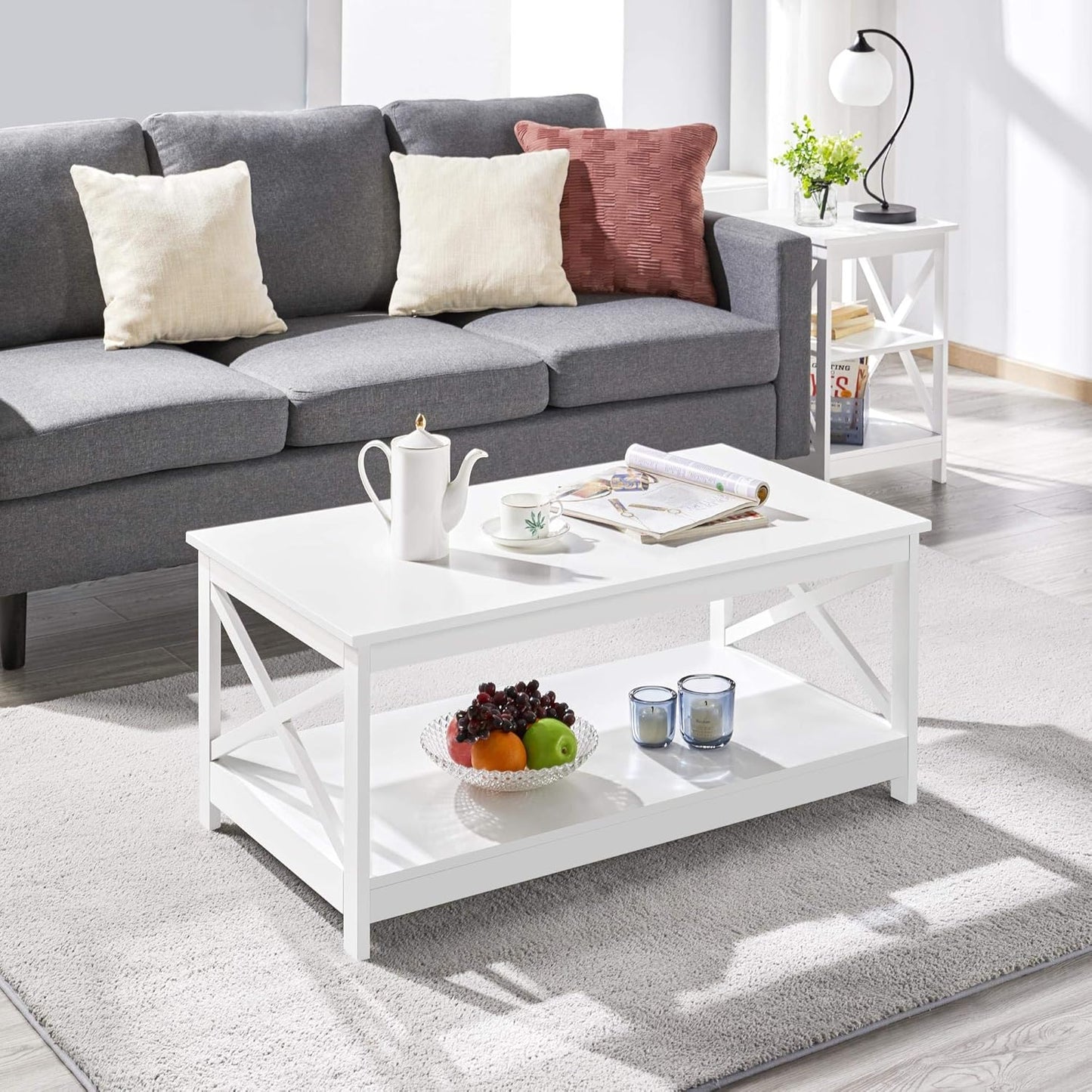 Coffee Table with 2 Shelves Sofa Table X-Shape Support Living Room Table Made of Wood Easy Assembly Modern Side Table for Living Room / Balcony / Office 100 x 50 x 45 cm White