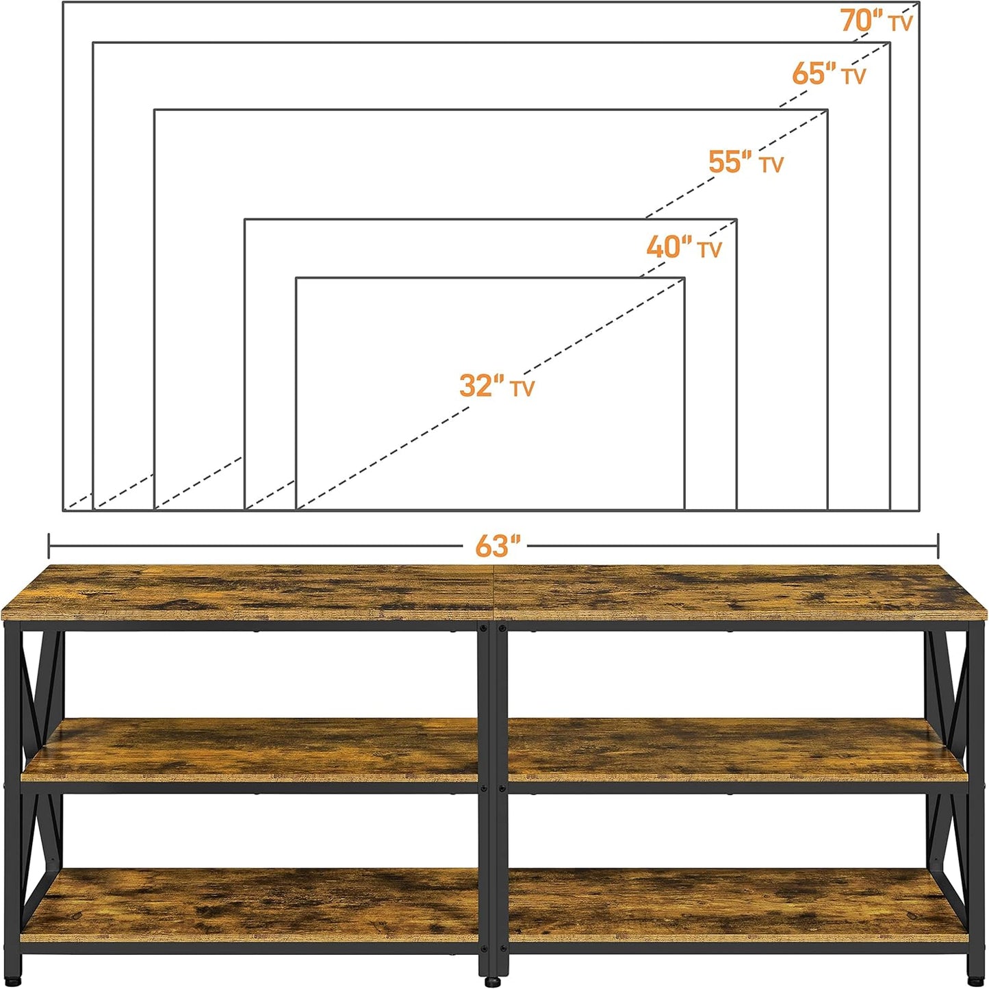 TV Cabinet TV Board 3-Tier TV Cabinet for TVs up to 70 Inch TV Lowborad with Metal Frame TV Bench Wooden TV Table for Living Room / Bedroom