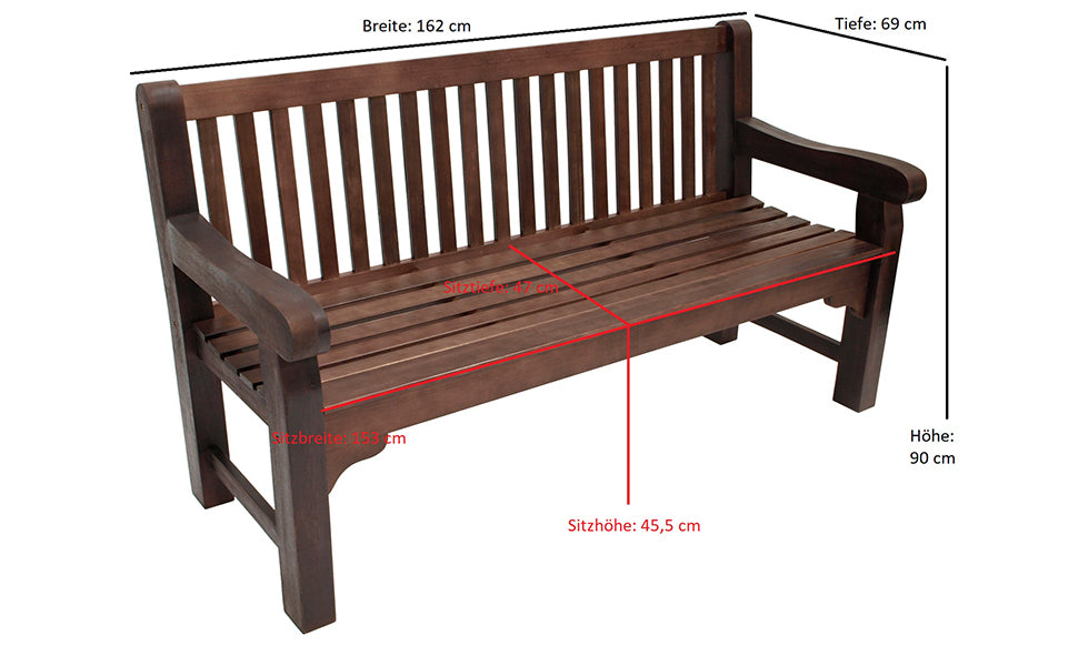 Bristol Garden Bench Park Bench 3-Seater Eucalyptus Colonial Style Dark Brown Extra Stable FSC® Certified Outdoor