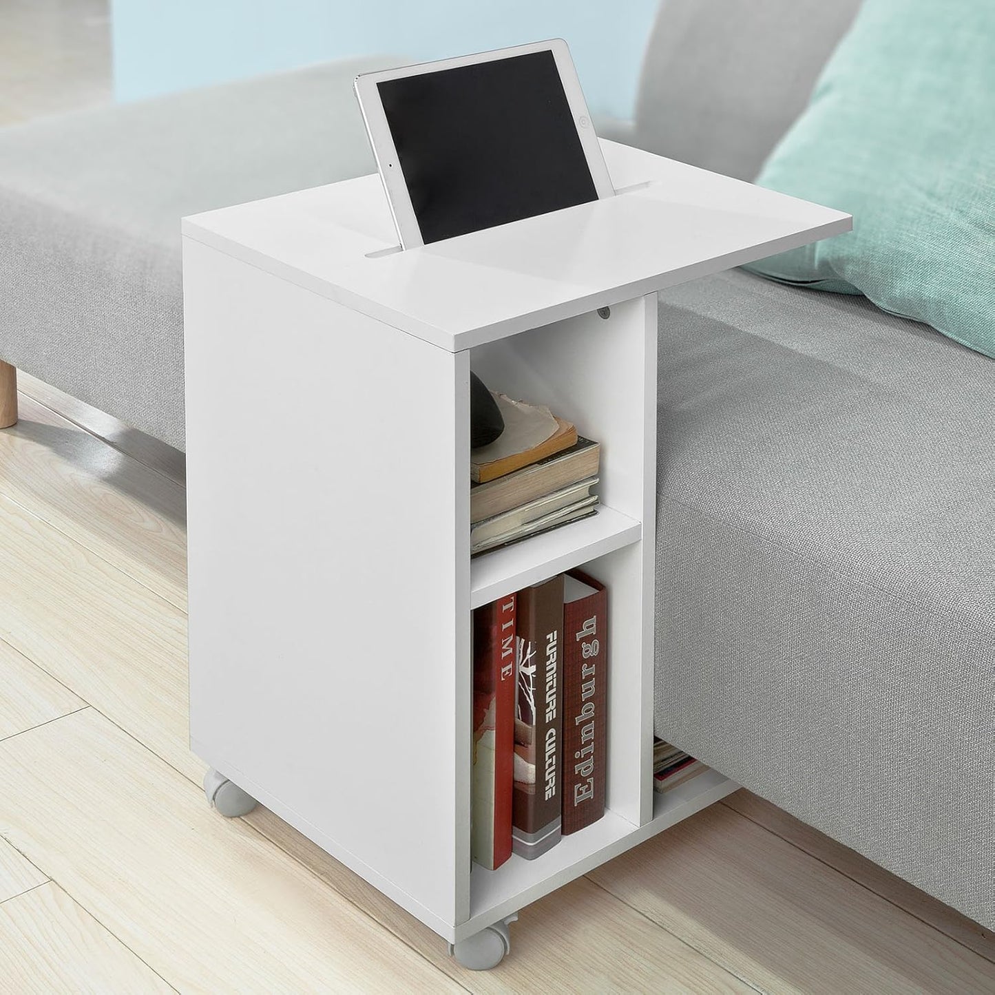 Side Table with Slot for iPad, Newspaper Stand, Coffee Table with Wheels, White, Width Approx. 45 x 58 x 35 cm