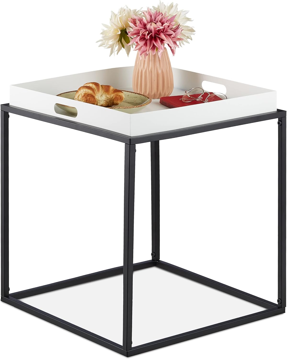 Side Table, Storage Table with Serving Tray, Height 47 x 42 x 42 cm, Steel, Square Sofa Table, White/Black