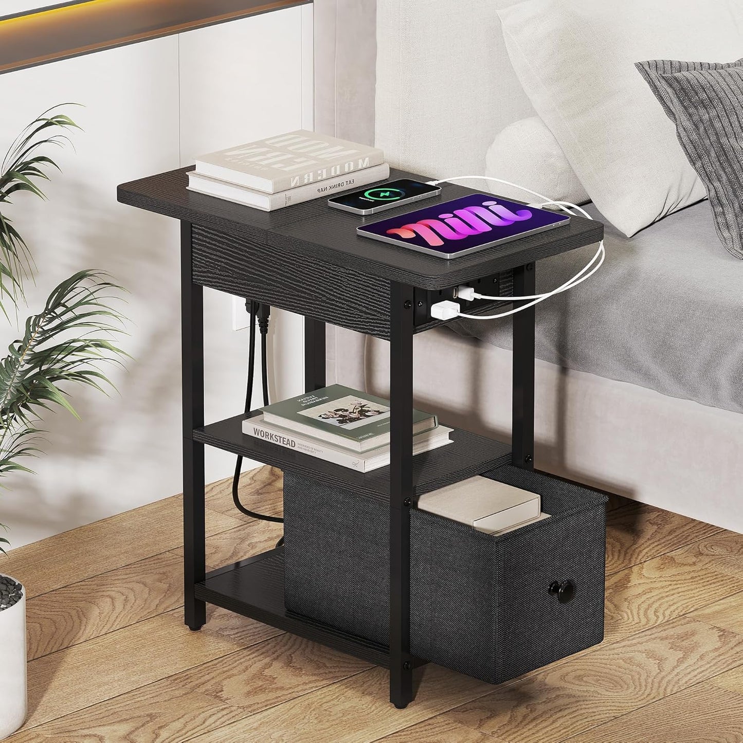 Side Table with Charging Station, Bedside Table with Charging Function, Small Bedside Table with 2 Sockets and 2 USB Ports, Modern Wood, Coffee Table, Coffee Table for Living Room, Bedroom