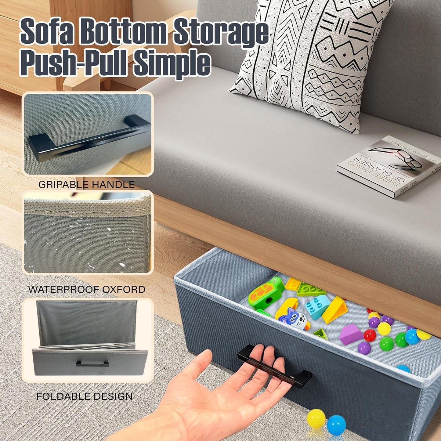 Under Couch Storage, 2 Pack Under Couch Storage Containers,Foldable Under Sofa Storage keeps things out,Under Couch Storage Box for Toys,Blocks,Puzzles,Plush Dolls,Books(23.62*15.75*5.51in)