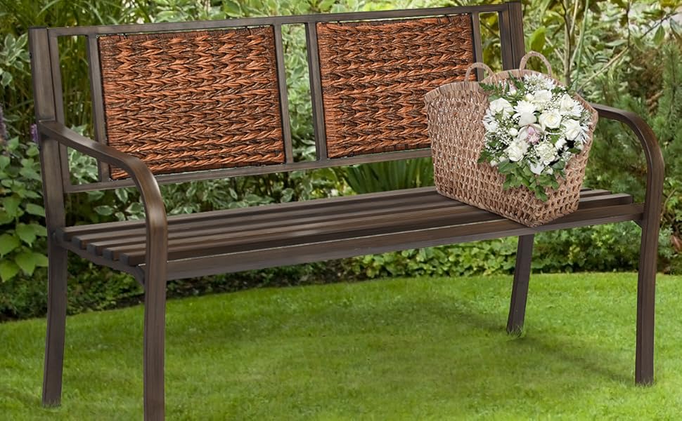 Metal Garden Bench, 2-3 Seater Bench with Polyrattan Backrest & Armrests, Park Bench up to 228 kg, Patio Bench for Garden, Balcony, Patio, Yard, 128 x 58 x 84 cm