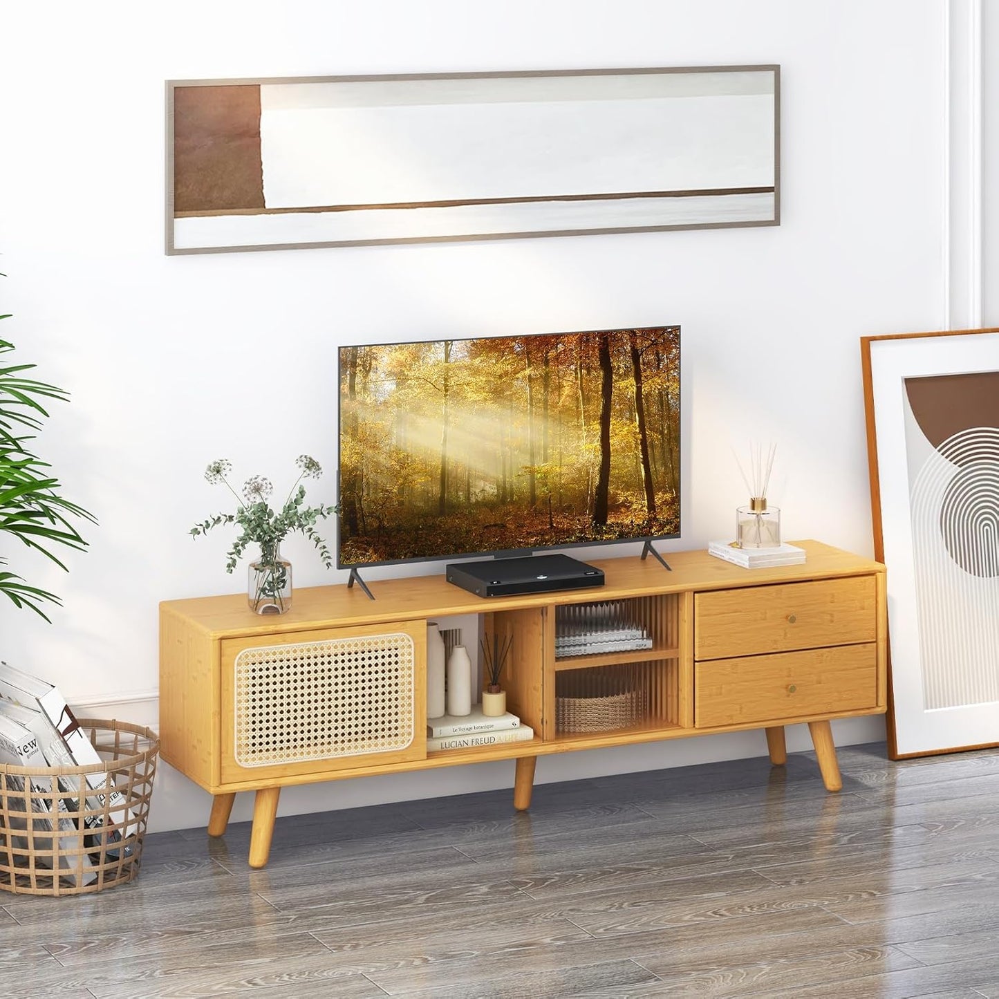 Bamboo TV Cabinet, TV Lowboard with Rattan & Glass Sliding Doors, TV Stand with 2 Drawers, TV Cabinet for TVs up to 65 Inches, for Living Room, 140 x 31 x 45.5 cm