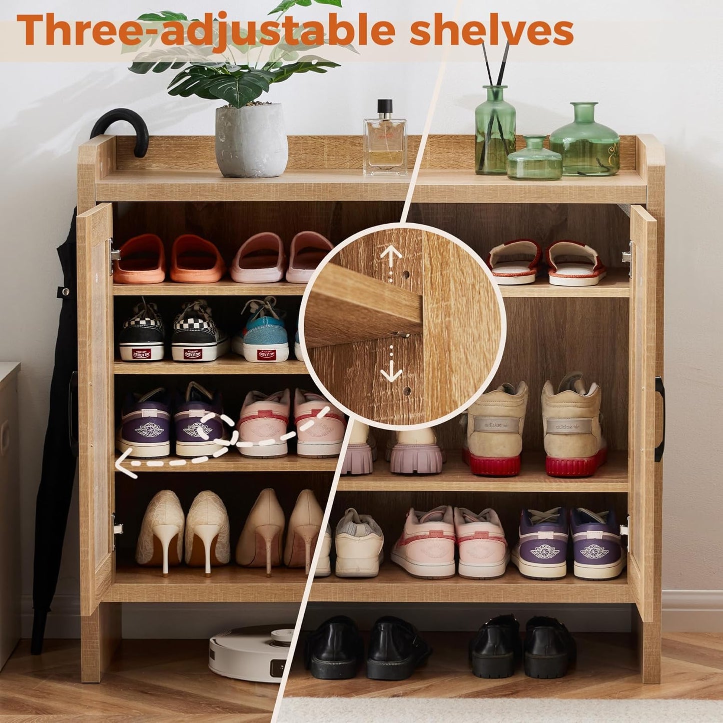 Shoe Cabinet Storage for Entryway, Natural Rattan Shoe Storage Cabinet, Wooden Shoe Rack Cabinet, Farmhouse Boho Wood Shoe Organizer Cabinet for Hallway