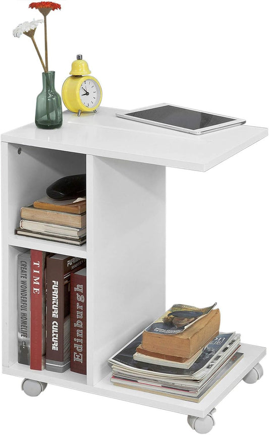 Side Table with Slot for iPad, Newspaper Stand, Coffee Table with Wheels, White, Width Approx. 45 x 58 x 35 cm