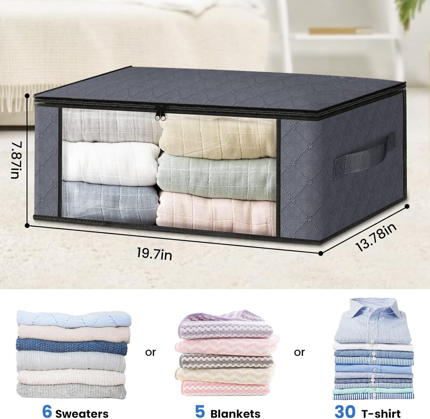 HomeHacks Storage 3-Pack Clothes Organizer Storage Bags Foldable Storage Box with Large Clear Window Sturdy Handles for Closet, Dorm, Pillows, Bedding, Clothes, Blankets, 35L, Gray