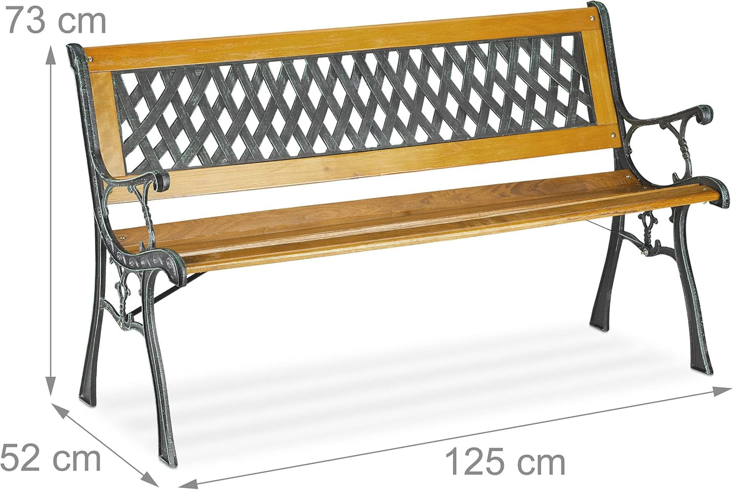 Garden Bench, 2 Seater, Wood & Cast Iron, Balcony & Patio, Rustic Bench, H x W x D: 73 x 125 x 52 cm, Natural/Green