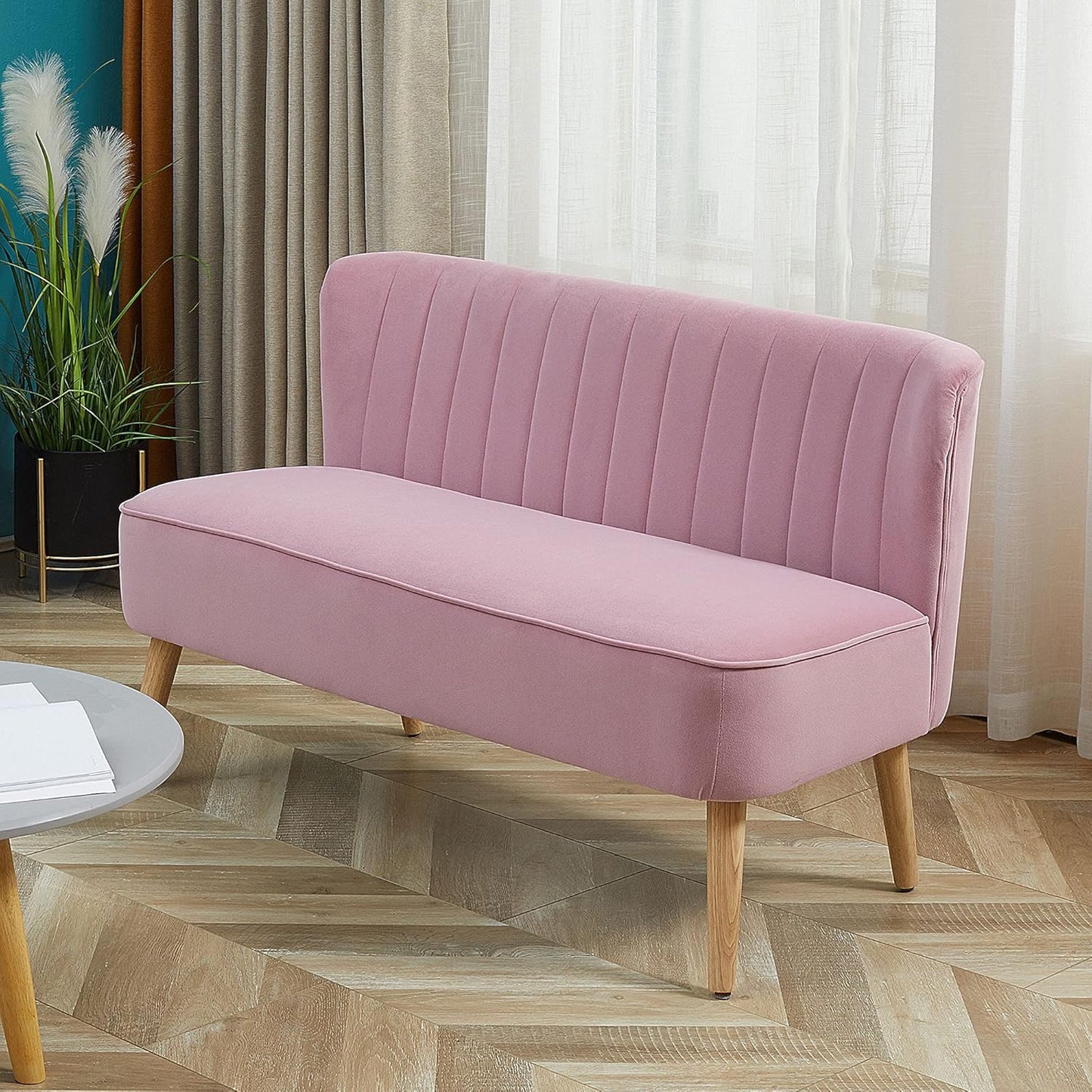 2-Seater Fabric Sofa Upholstered Sofa Double Sofa Seating Furniture Lounge Sofa Wood Velvety Polyester Foam Pink 117 x 56.5 x 77 cm