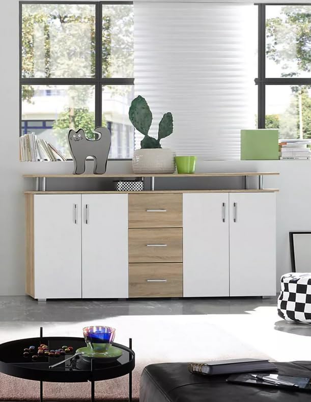 Trading Highboard with Shelf in Sonoma Oak Look, White, Modern Living Room Cabinet with Drawers and Lots of Storage Space for Your Living Area, 178 x 90 x 38 cm (W x H x D)