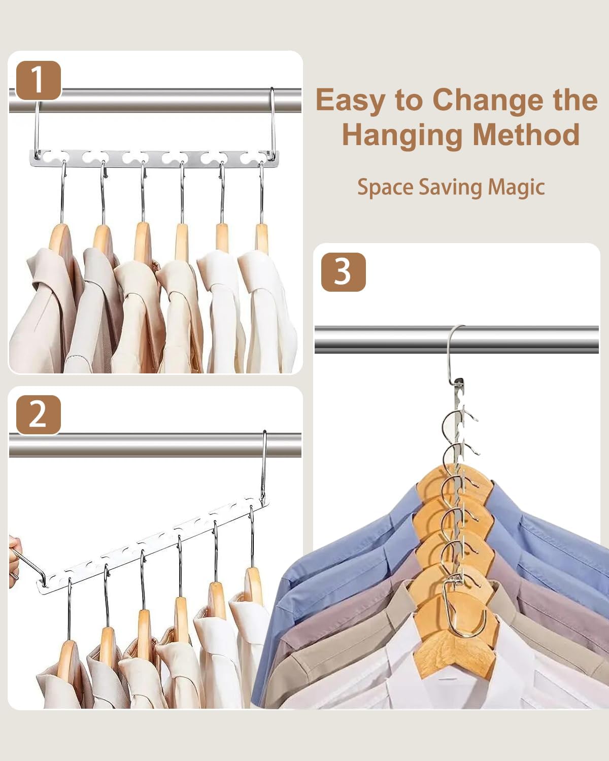 Clothes Hangers, Set of 6 Space Max Space-Saving Hangers, Stainless Steel, Silver, Multiple Hangers, Connecting Hooks, Multipurpose Hangers, Metal Wardrobe Organiser for Trousers, Jeans, Suit