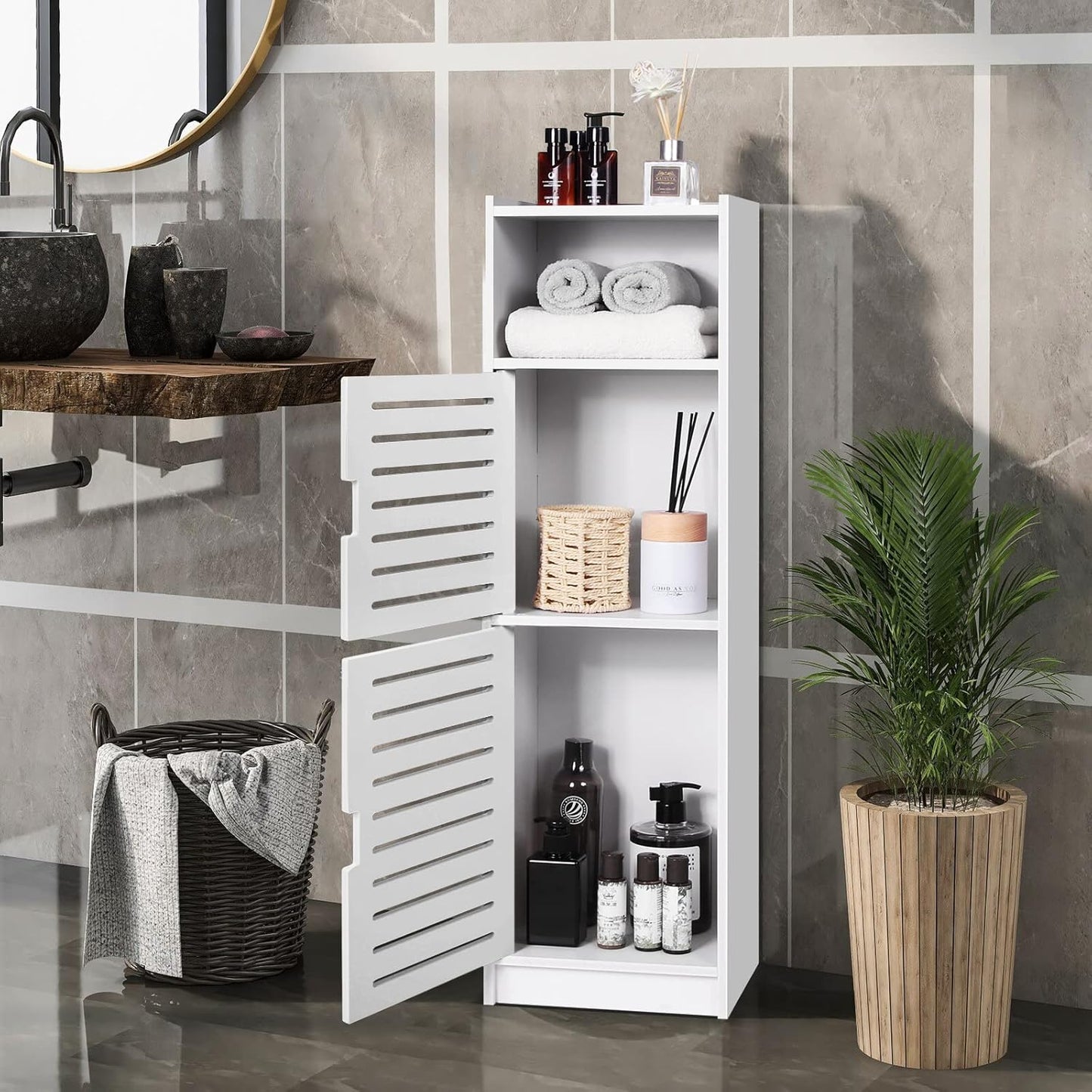 aimu Waterproof Bathroom Cabinets, Bathroom Storage Units with Open Storage Shelf, Freestanding Floor Cabinets, Corner Organiser for Bedroom, Kitchen, Hallway, White, 74 x 20 x 24 cm