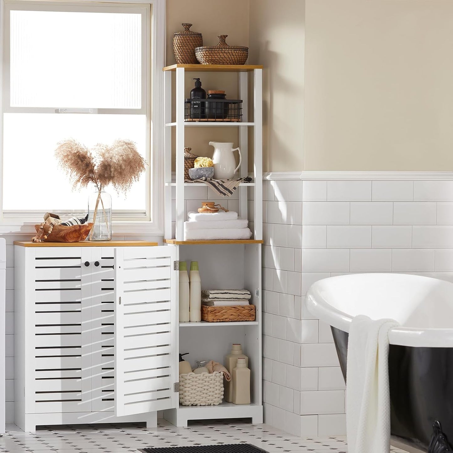 Bathroom Tall Cabinet Bathroom Shelf Bathroom Cabinet with 3 Open Compartments and Slat Door Bathroom Furniture White Natural W x H x H x H x H x D x H x D x H x D x H x H x H x H x H x