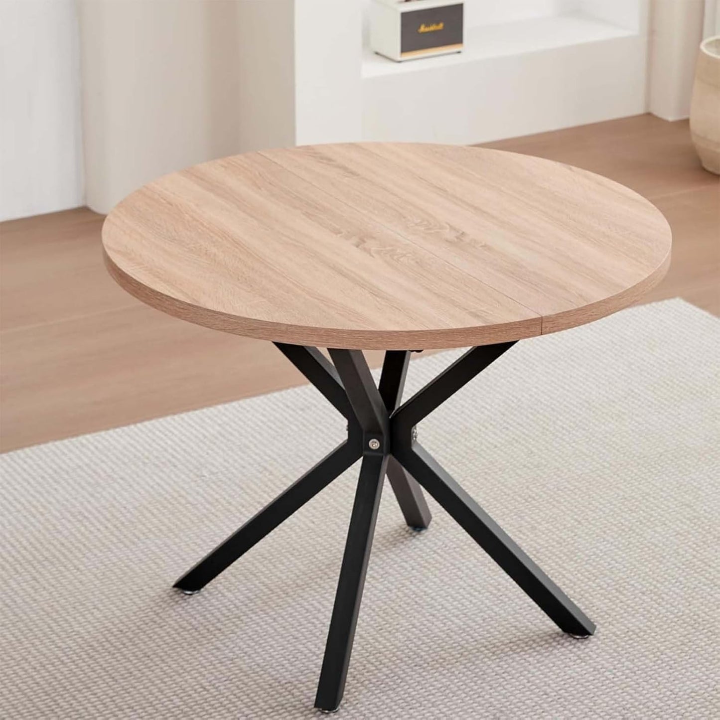 Dining Set Table and Chairs, 100 cm Round Dining Table with 4 Dining Room Chairs, Table and 4 Chairs for Kitchen, Living Room, Balcony, Restaurant, Office (Light Wood Colour + Grey)