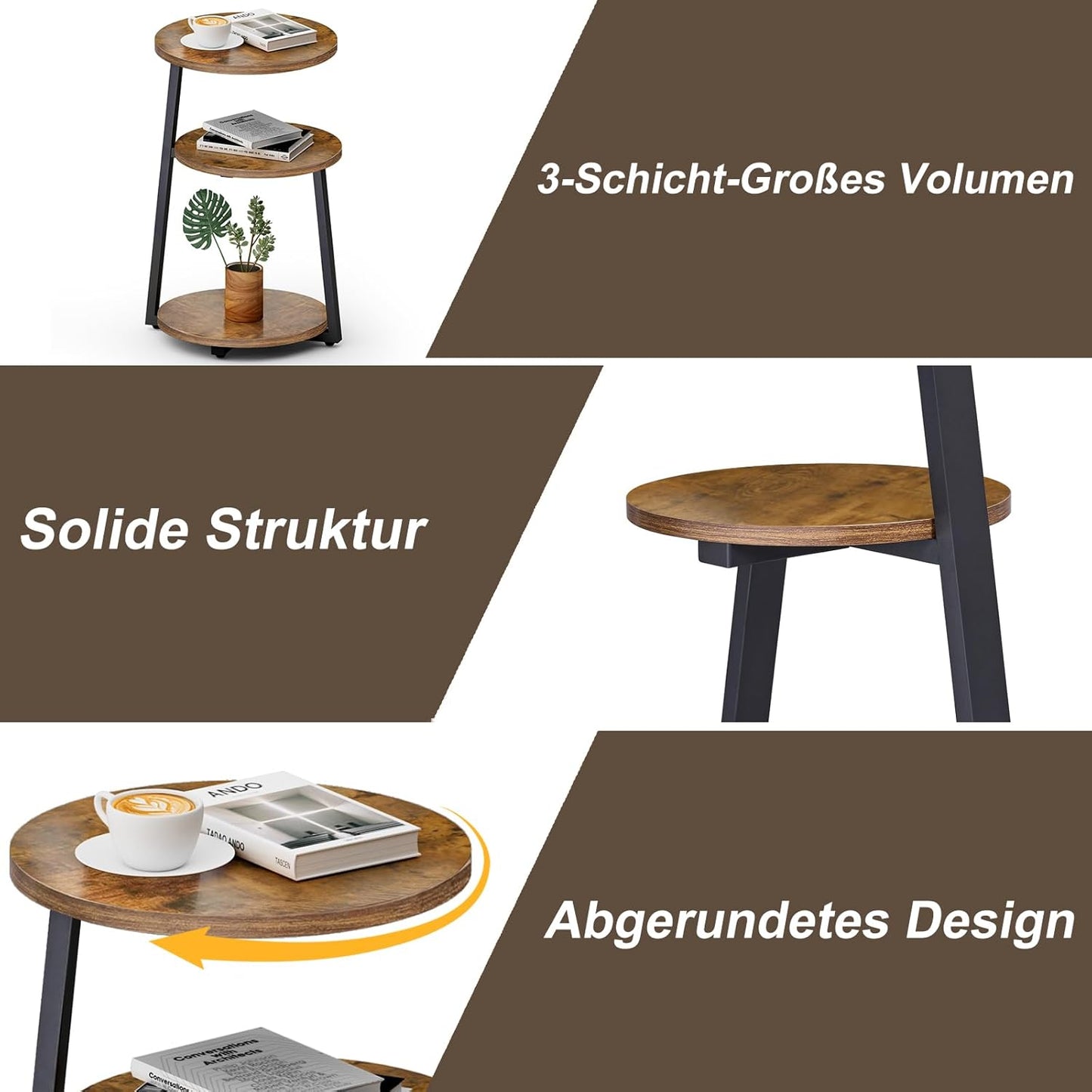 Round Side Table, 3-Tier Shelves, Wooden Side Table with Metal Frame, Small Table, Living Room for Living Room, Bedroom