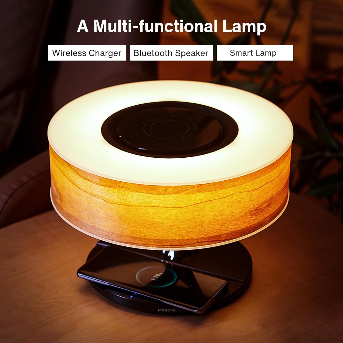 Smart Bedside Lamp Table Lamp with Wireless Charge and Bluetooth Speaker Dimmable Nightstand Lamp for Bedroom