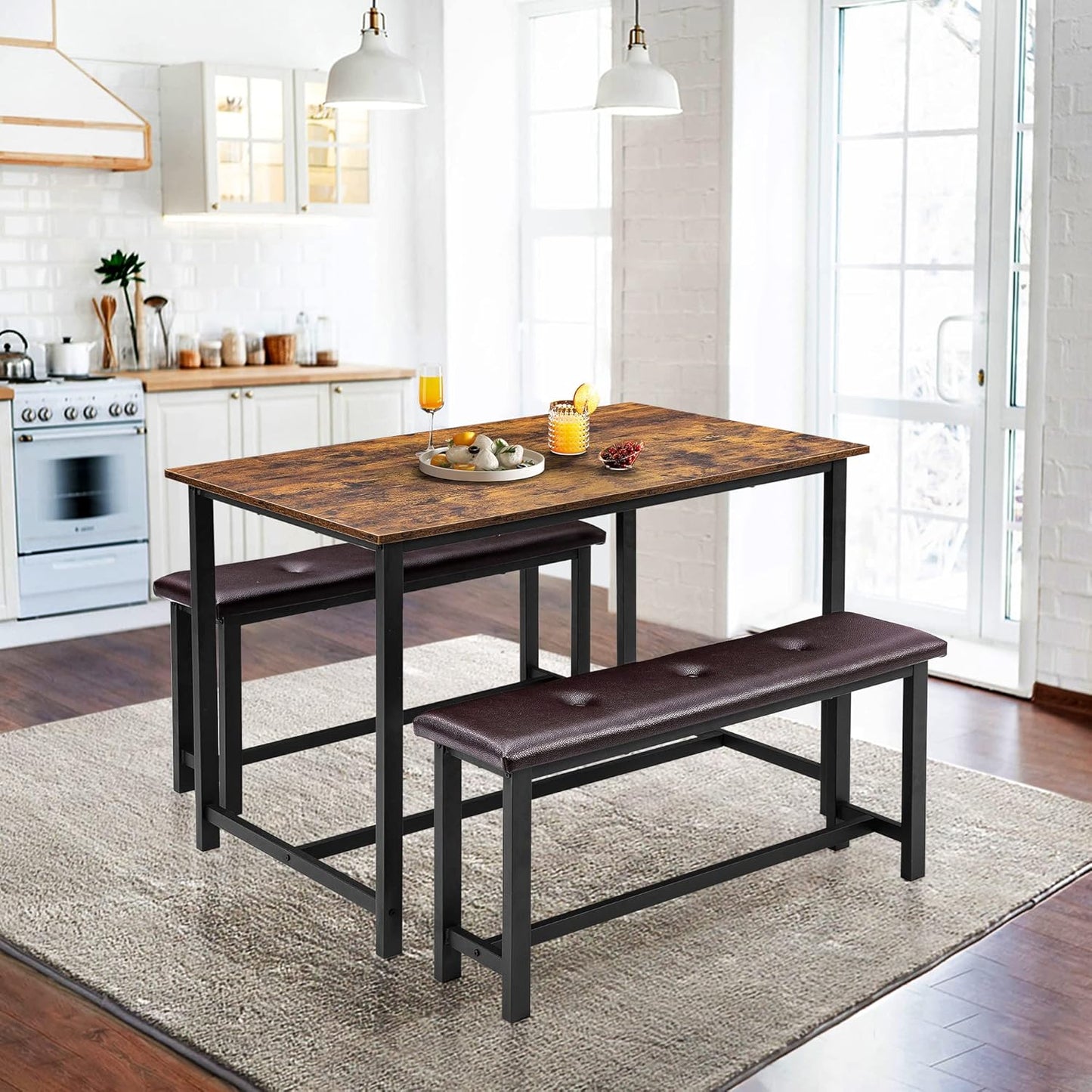 Dining Table with 2 Benches, 3-Piece Dining Set, Bar Table Set, Kitchen Table, Kitchen Table Set with Metal Frame, Dining Room Group for 4 People, for Dining Room, Kitchen