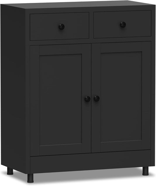 Metal Storage Cabinet with 2 Drawers and Adjustable Shelf, Sideboard Buffet Cabinet for Home, Office, Hallway, Entryway, Living Room, Kitchen Pantry and Dining Room (34.8" H, with Feet, Black)