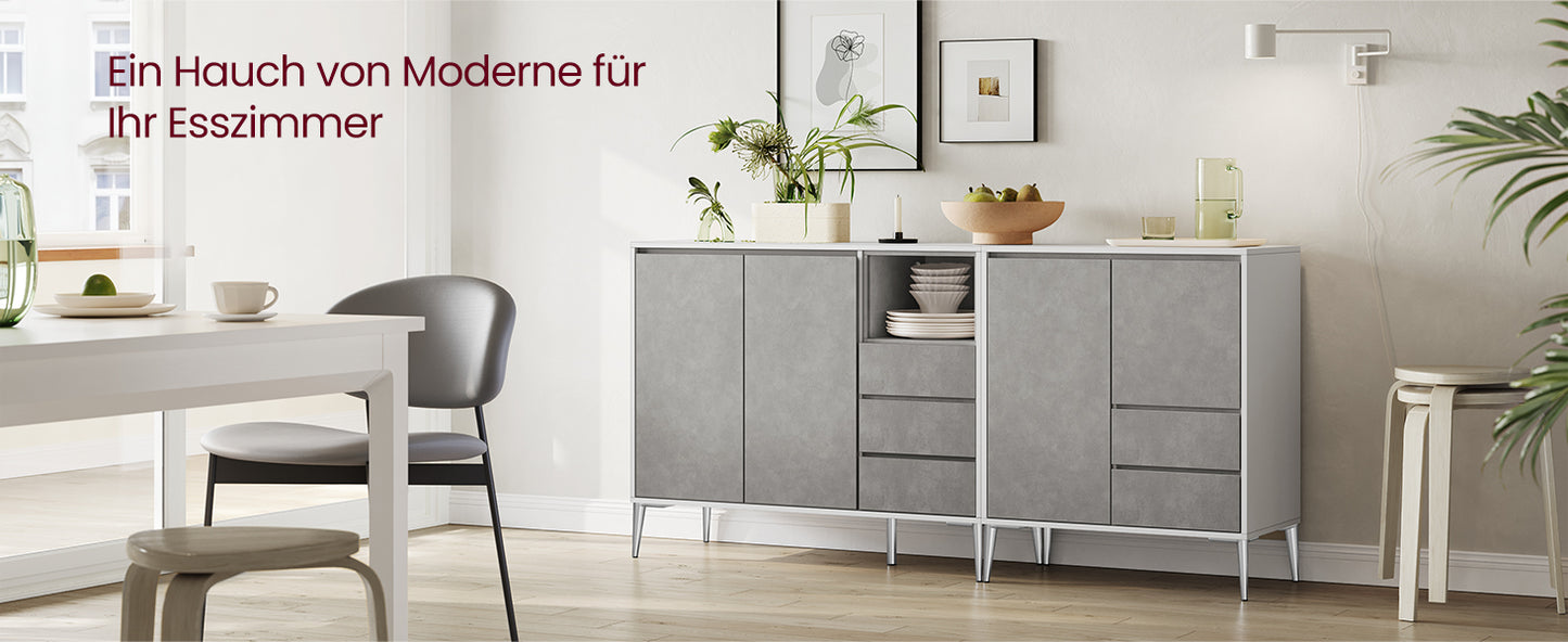 Storage Cabinet, Sideboard, Kitchen Cabinet with Doors, Height-Adjustable Shelves, 2 Drawers, Modern, 40 x 70 x 85 cm, for Living Room, Kitchen, Study, Concrete Grey, BBK243G02