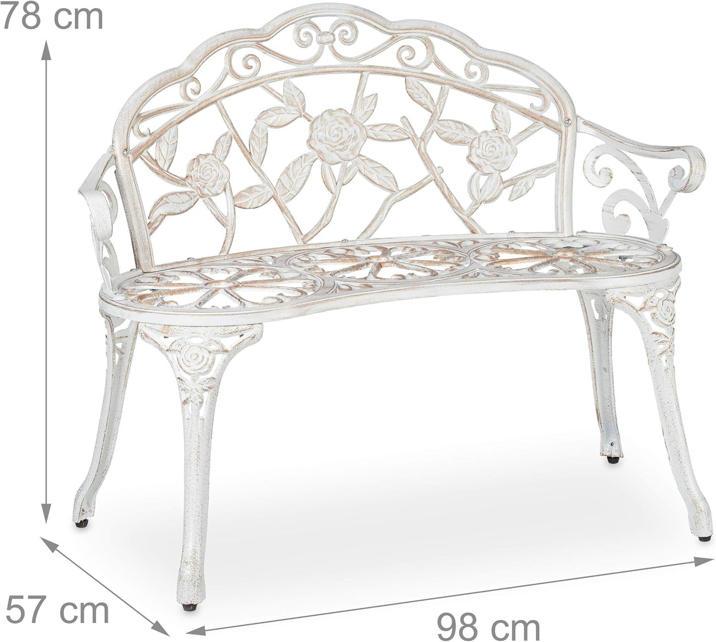 Garden Bench, 2 Seater, Roses, Patio, Balcony, Aluminium & Cast Iron, Antique Bench, 78 x 98 x 57 cm, White/Bronze