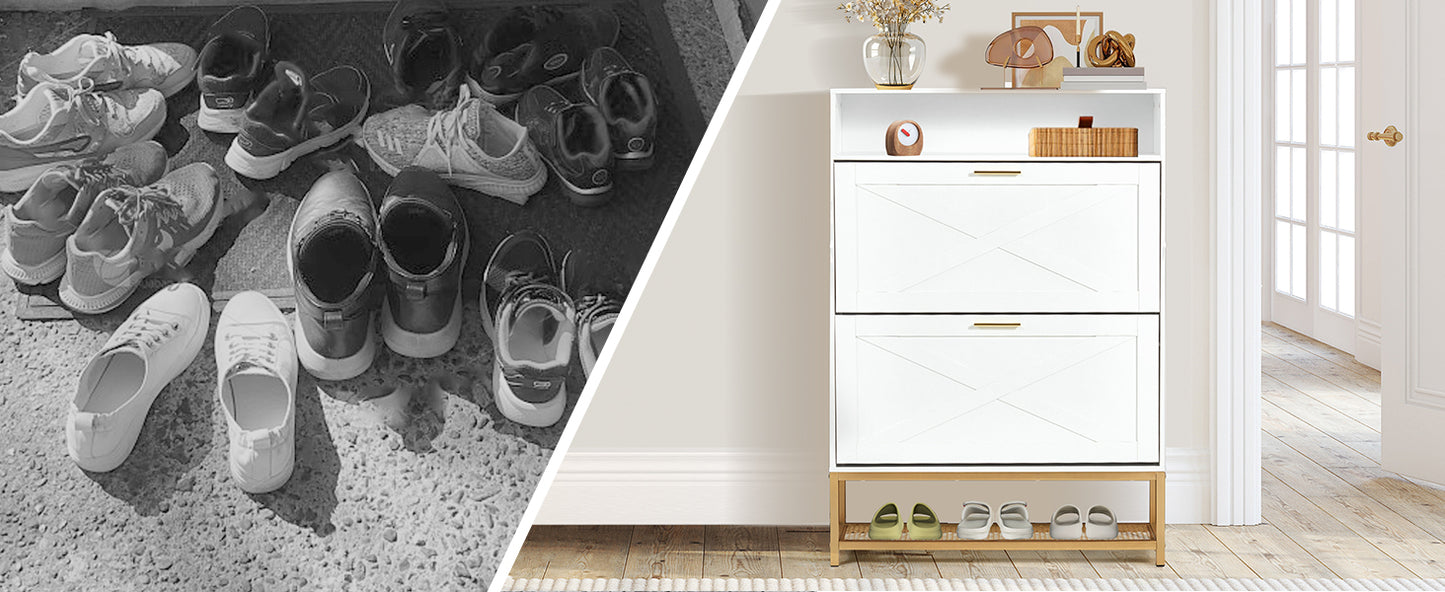 HOMREST Shoe Cabinet with 2 Flip Drawers,Freestanding Shoe Cabinet Organizer with Open Storage,Shoe Storage Cabinet for Entryway,Narrow Shoe Rack Cabinet with Metal Base, Beige