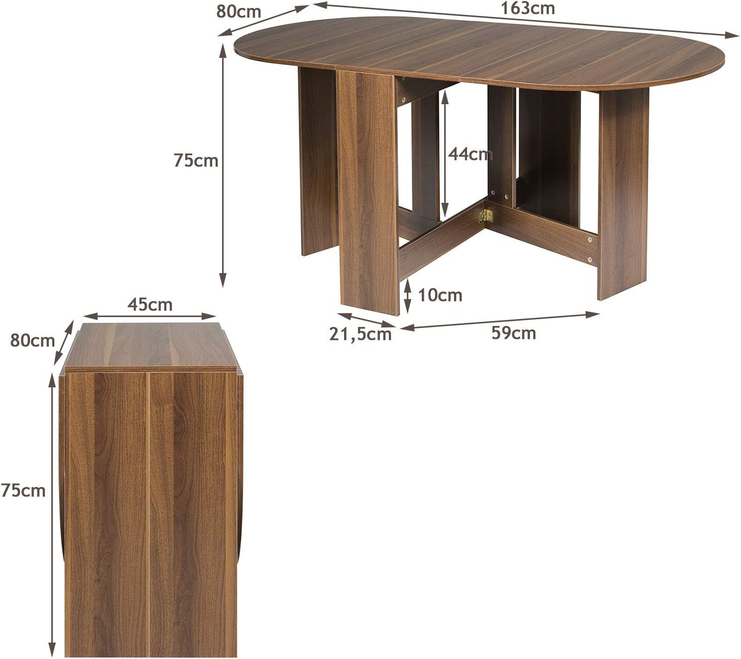 Folding Table, Extendable Dining Room Table, Side Table, Coffee Table with Wood Look, Functional Table, Oval Dining Table for Living Room, Kitchen, Office, Brown