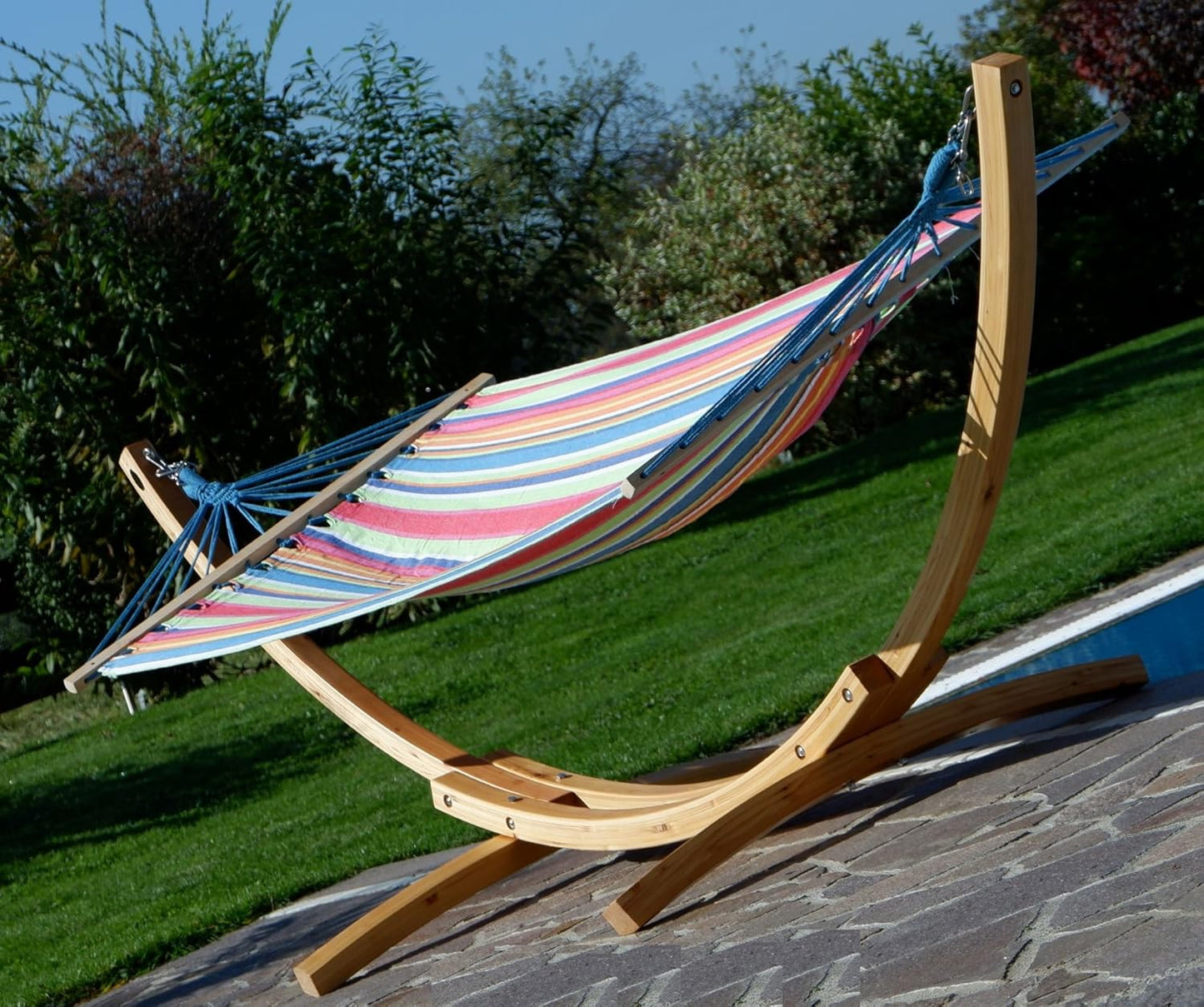 Blanca-Caleta Hammock Frame 320 cm with Natural Larch Wood Frame with Striped Bar Hammock