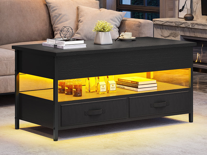 Coffee Table Height Adjustable, Living Room Table with Hidden Storage Compartment for Living Room, Office, Coffee Table with Storage Space and 2 Drawers and LED Light Bar, 106 x 50 x 51.5 cm