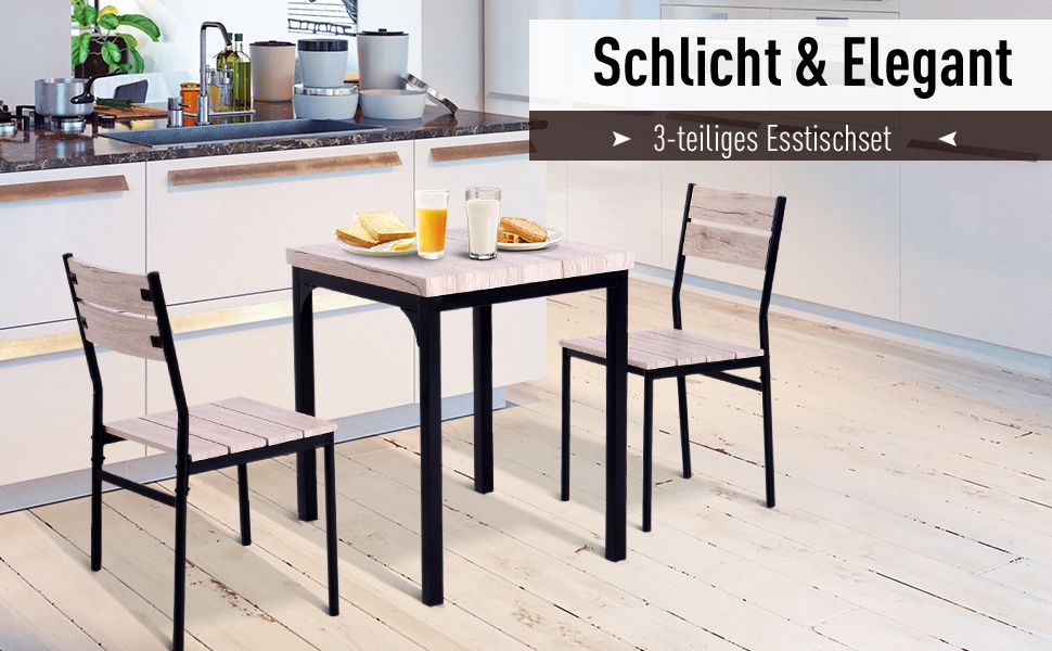 3-piece dining set, dining table set, MDF wood table with natural wood grain, metal and black with 1 table and 2 chairs.