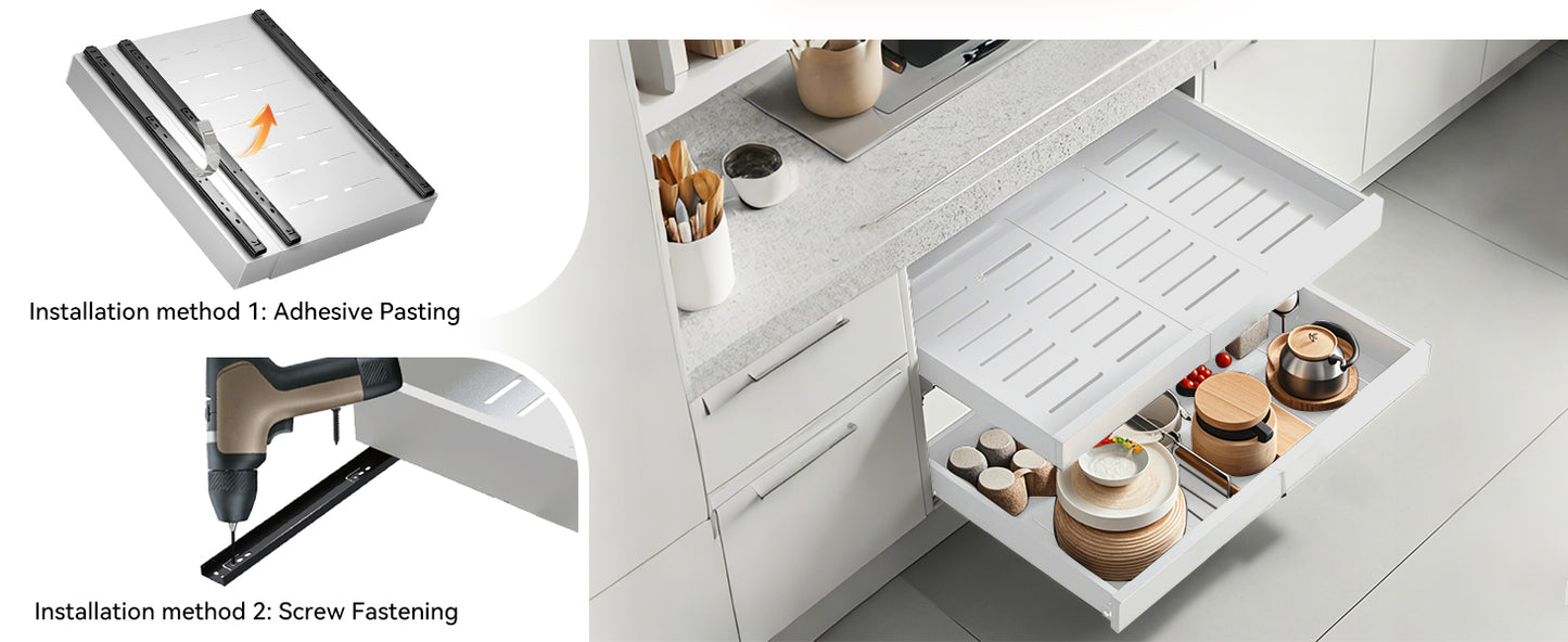 Pull Out Cabinet Organizer Expandable Width(12"-18") and Depth(14"-24") Slide Out Drawers Fixed with Adhesive Nano Film or Nail, Heavy Duty Roll Out Shelf Storage for Kitchen, Bathroom (White)