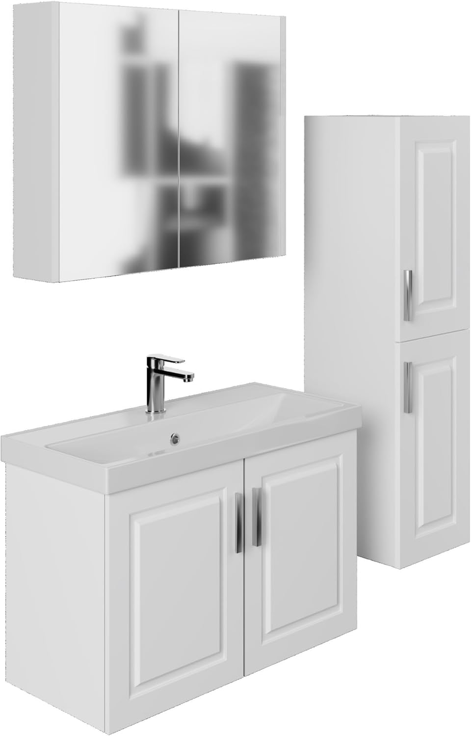 Bathroom Furniture Set, White, Ceramic Sink, Base Cabinet, Mirror Cabinet, Soft Close Doors and Chrome Handles, Country House Style, Bathroom Furniture Set, Wash Basin Cabinet