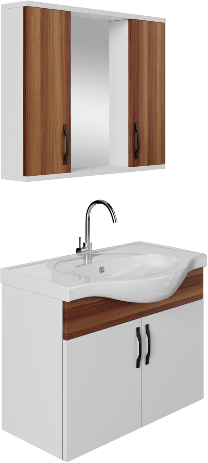 Bathroom Furniture Set, Ceramic Sink, Base Cabinet, Mirror Cabinet, Ironing Handles, White with Willow Wood Veneer, Natural Style, Bathroom Furniture, Vanity Unit