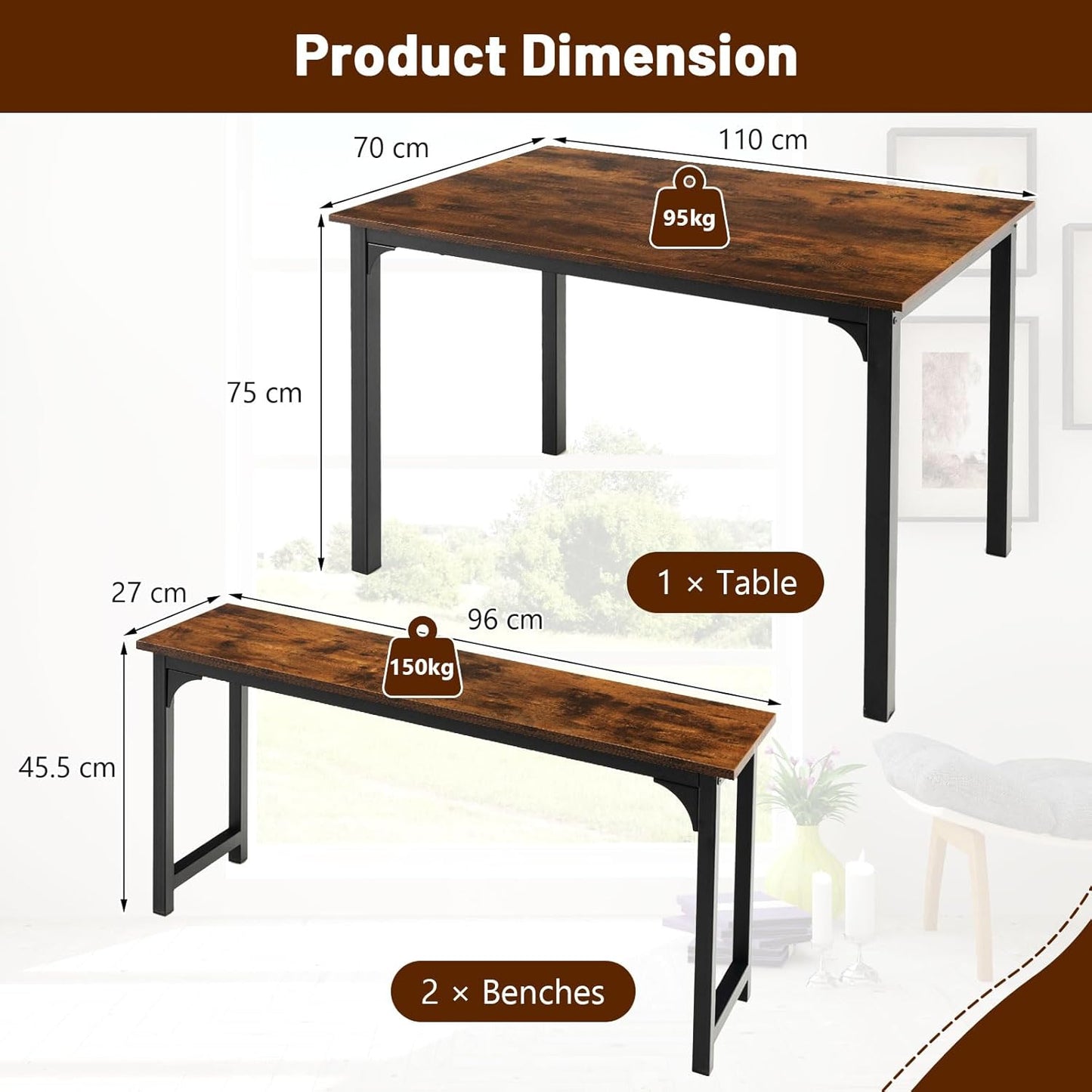 Dining Table with 2 Benches, Set of 3 Dining Room Group, Kitchen Table 70 x 110 x 75 cm, Dining Room Table Set for 4 People, Dining Room Seating Set Made of Wood and Metal Frame (Vintage