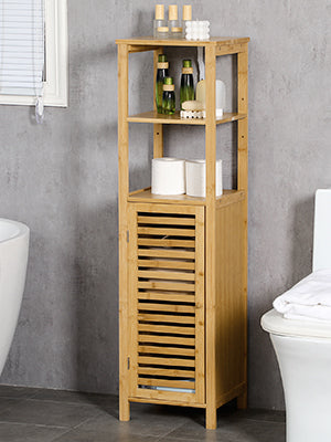 Bathroom Cabinet, Height Adjustable, Bamboo Bathroom Furniture with Cabinet, Two Open Shelves for Bathroom, Approx. 33 x 30 x 120 cm, Natural Wood