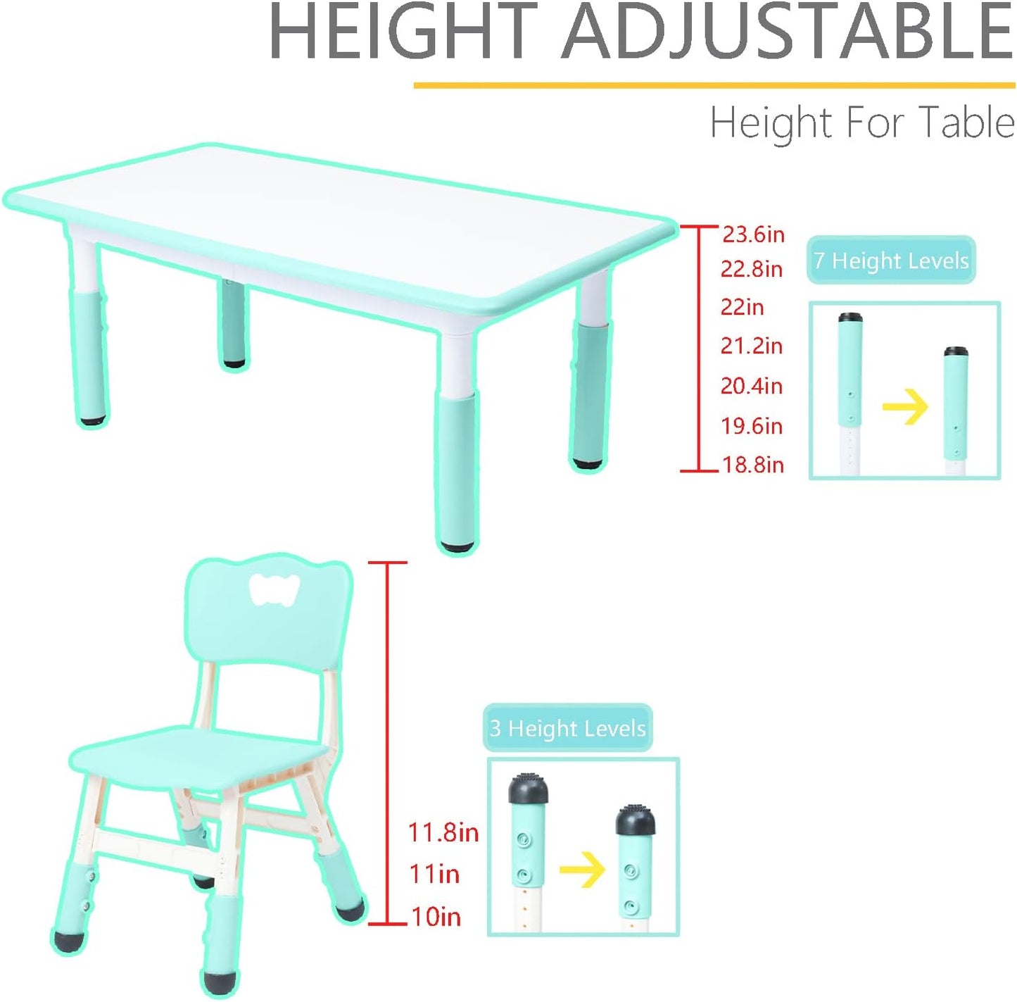 Kids Table and Chairs, Kids Table and Chair Set for Boys and Girls Age 2-12, Height Adjustable Table with 6 Seats, Preschool Table,Kids Table for Classrooms/Daycares/Homes